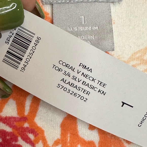 NWT Chico’s Pima Cotton Coral Print V-Neck Top 3/4 Sleeve Size 1 (M) Alabaster - Picture 9 of 9